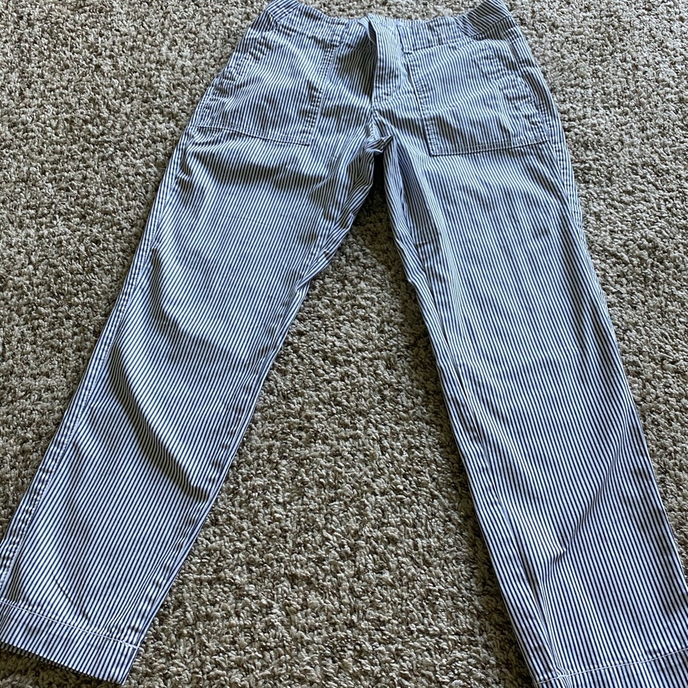 Gap railroad stripe girlfriend khakis.